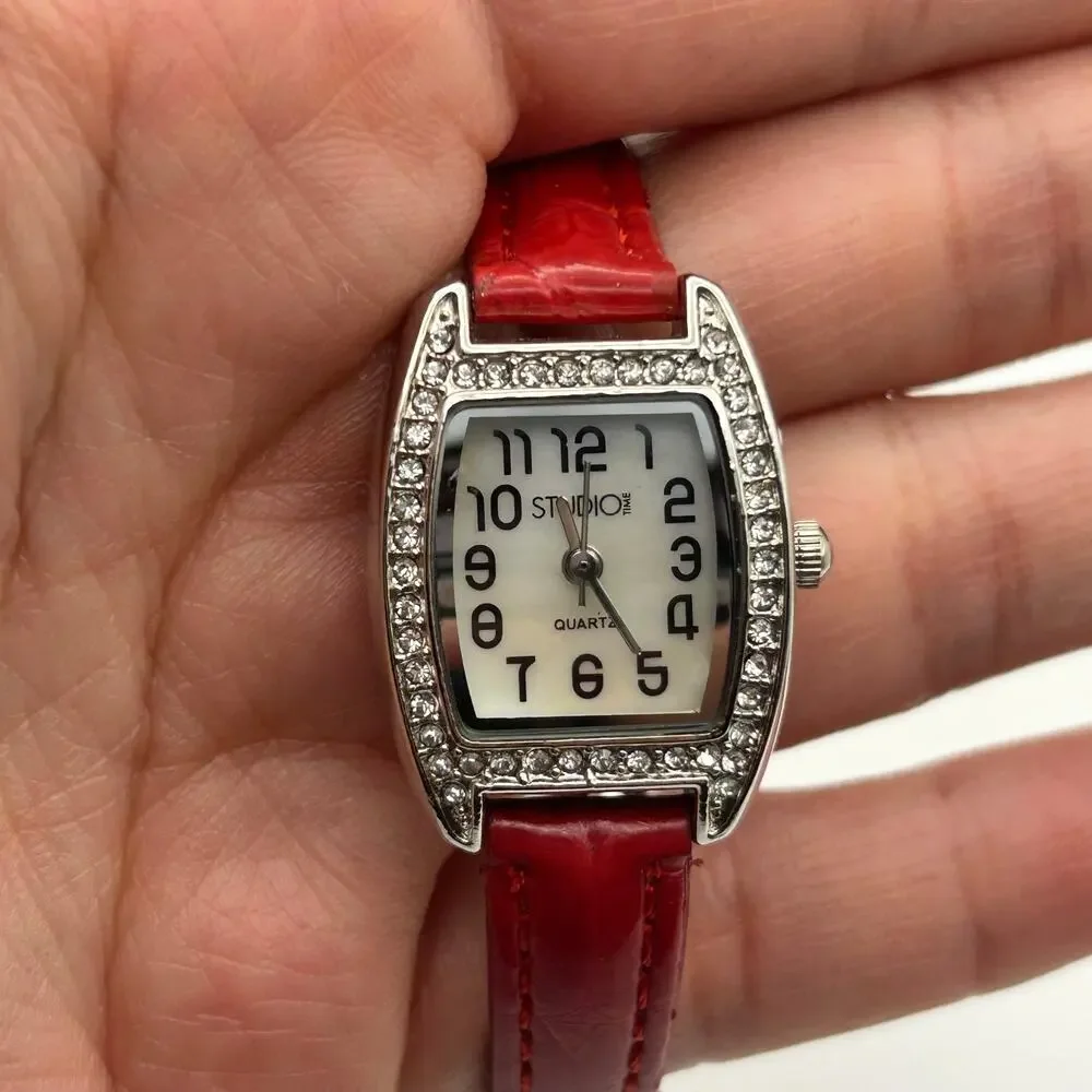 Studio Time Mother Pearl Crystals Red Band Women’s Watch Working New Battery